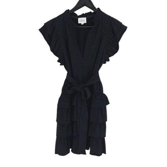 Sundays Womens June Flutter Sleeve Ruffle Tiered Mini Dress Black Size Small - Picture 2 of 11